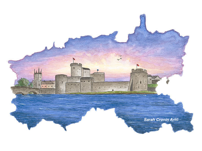 King John's Castle in county Limerick Outline, Fine Art Print of original watercolour painting