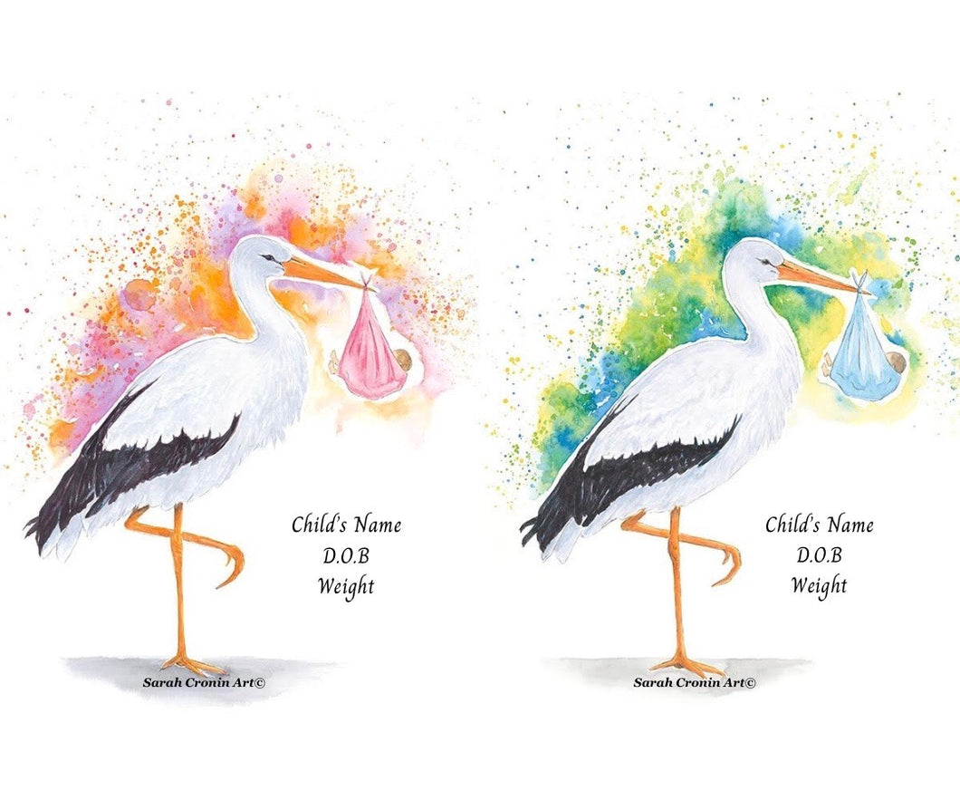 Watercolour Stork and Baby
