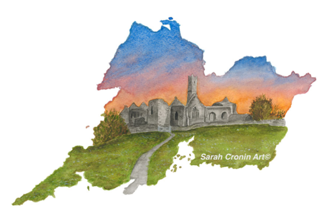 Quin Abbey at sunset painted using watercolours within a county Clare outline