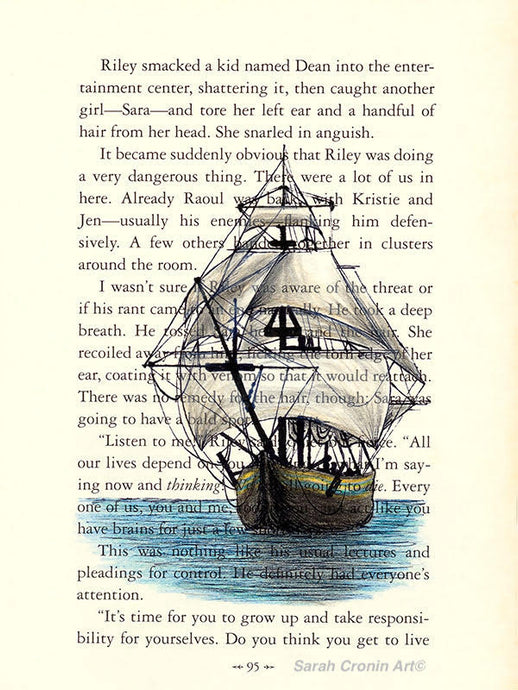 Sail boat sketch on a book page